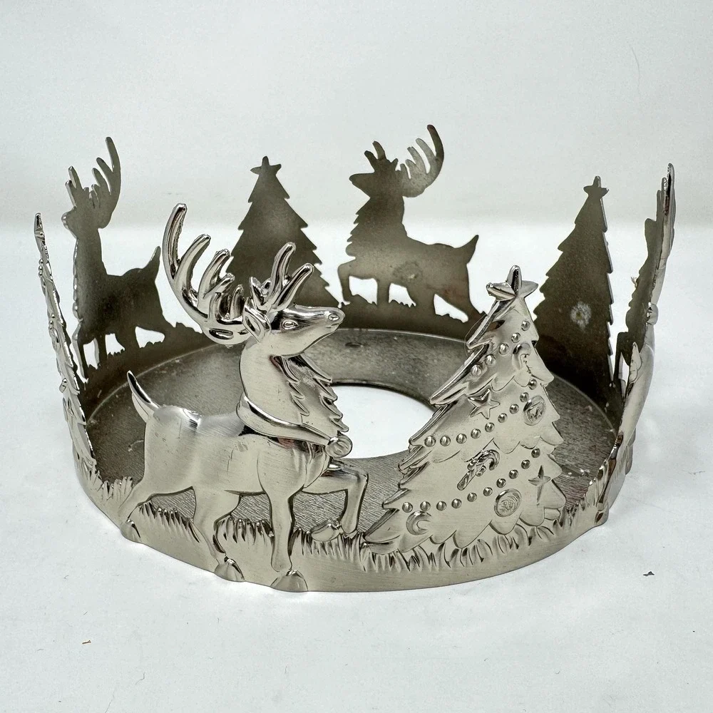 VTG International Silver Holiday Reindeer Tree Candle Pillar Holder 6